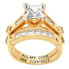 Vow & Forever Women's Princess-Cut White Topaz 2-Piece Engraved Wedding Ring Set