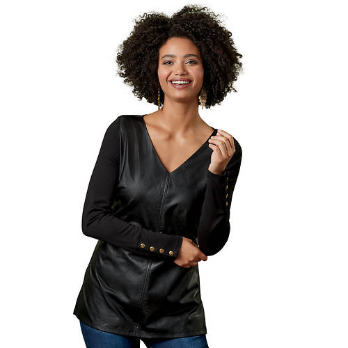 Masseys Faux Leather Long Sleeve Top