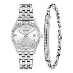 Caravelle Ladies Boxed Gift Set with Silver-Tone Watch and Crystal Bracelet