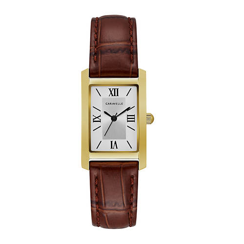 Caravelle Ladies Rectangular Brown Leather Strap Watch with Gold Tone