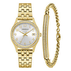 Caravelle Ladies Boxed Set with Gold-Tone Watch with Silver White Dial and Bracelet