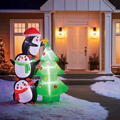 7' Inflatable Christmas Tree and Penguin Trio
