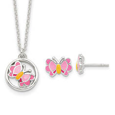 Sterling Silver Polished Enameled Butterfly Earrings and Necklace Set
