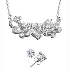 Sterling Silver Double Nameplate Necklace with CZ Stud Earrings