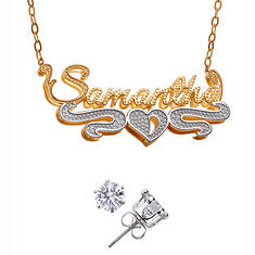 Sterling Silver Double Nameplate Necklace with CZ Stud Earrings