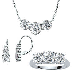 Sterling Silver 3-Stone CZ Earring, Necklace, and Ring Set