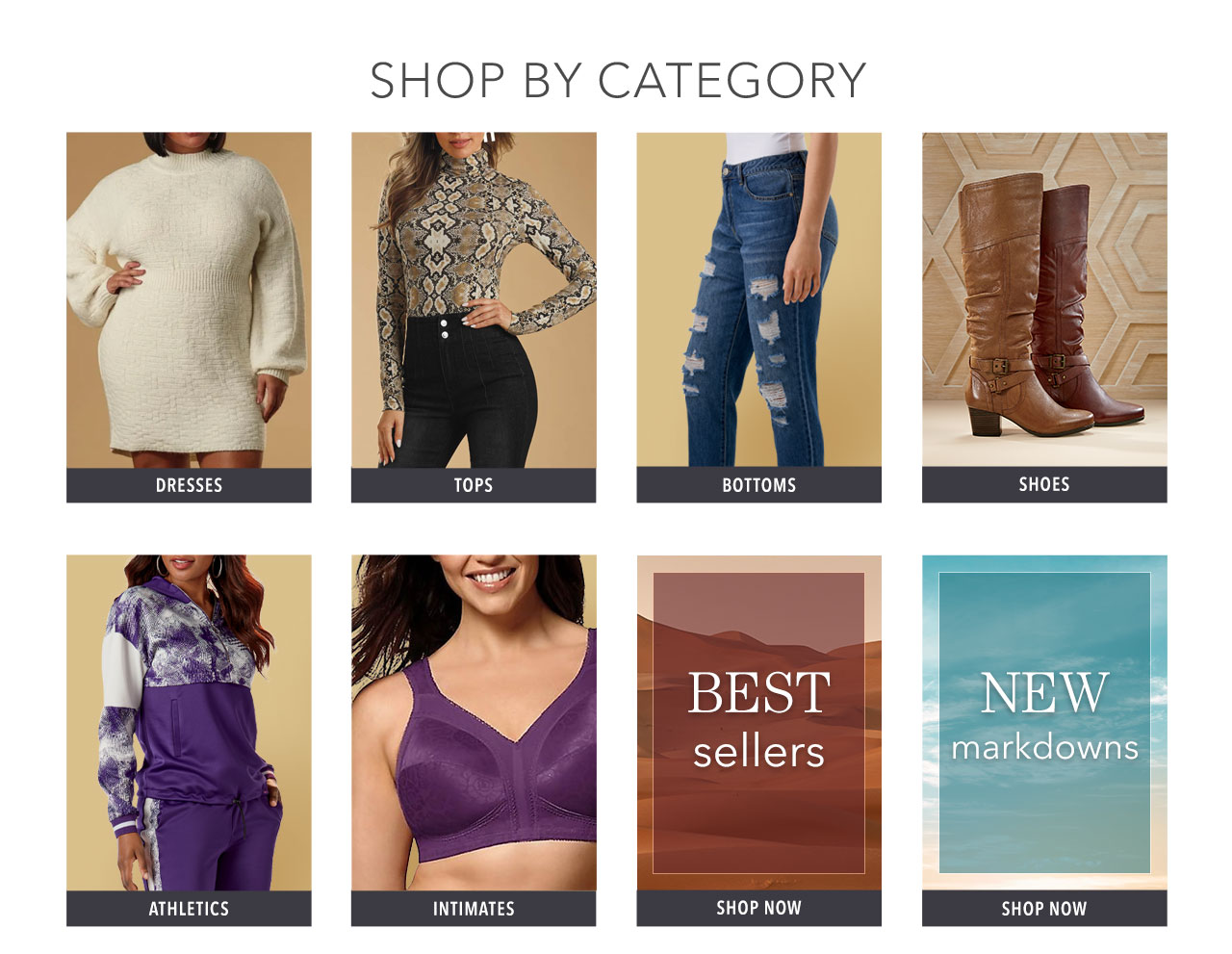 Shop dresses, tops, bottoms, shoes, athletics, intimates, best sellers, and clearance.
