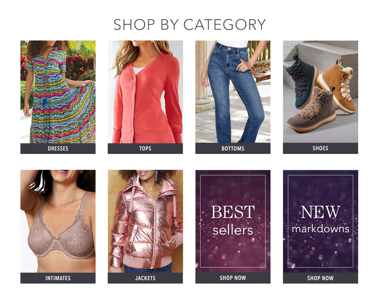 Shop dresses, tops, bottoms, shoes, matching sets, intimates, best sellers, and clearance.