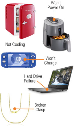 Picture of common failures. Mini Fridge not cooling. Air Fryer not turning on. Switch not charging. Hard Drive Failure, Jewelry with broken Clasp.
