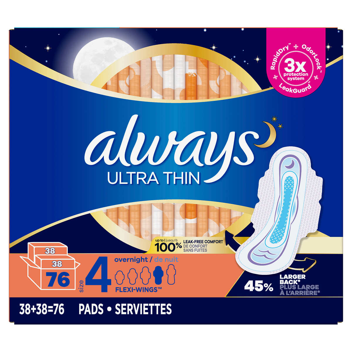 Always Ultra Thin Overnight Pads, Unscented with Wings, 76 Count