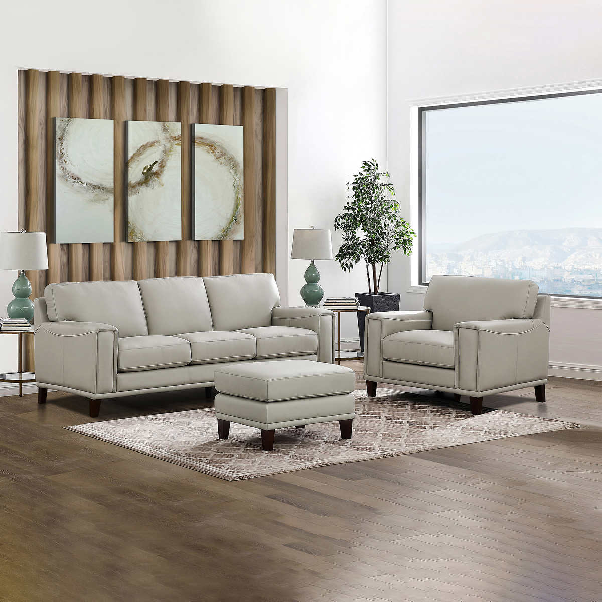 Jensen Light Grey Modern Top Grain Leather 3 Piece Living Room Set