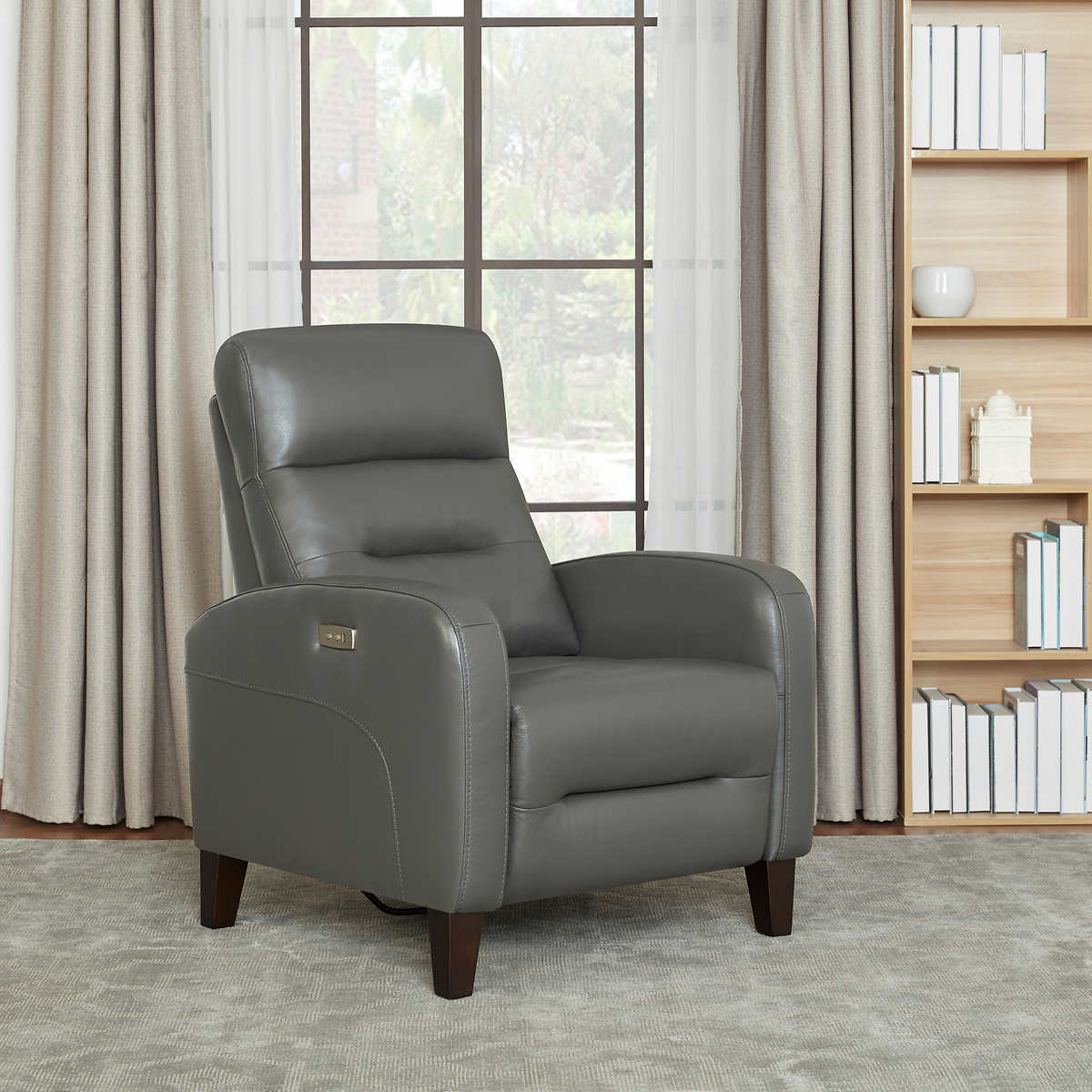 top grain grey leather power recliner with manual headrest