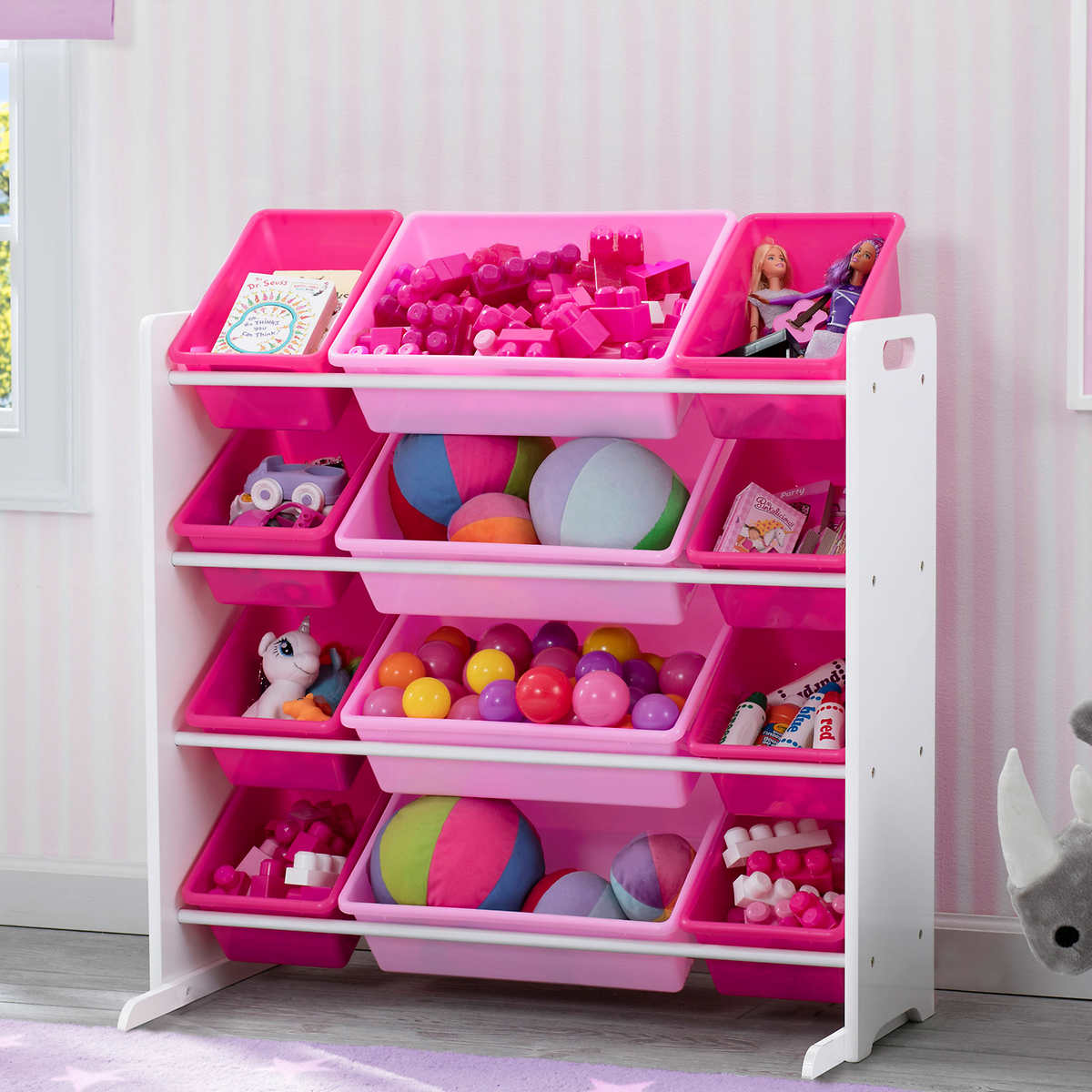 Kids 12 Bin Toy Storage Organizer Pink, Muscle Rack Book Toy Storage Organizer With 6 Plastic Bins