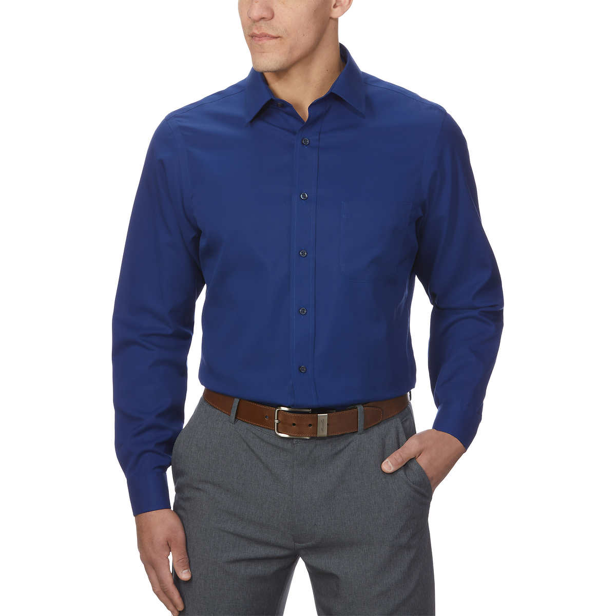 BNWT Kirkland Signature Men's shaped Fit spread collar cotton Dress Shirt Blue 