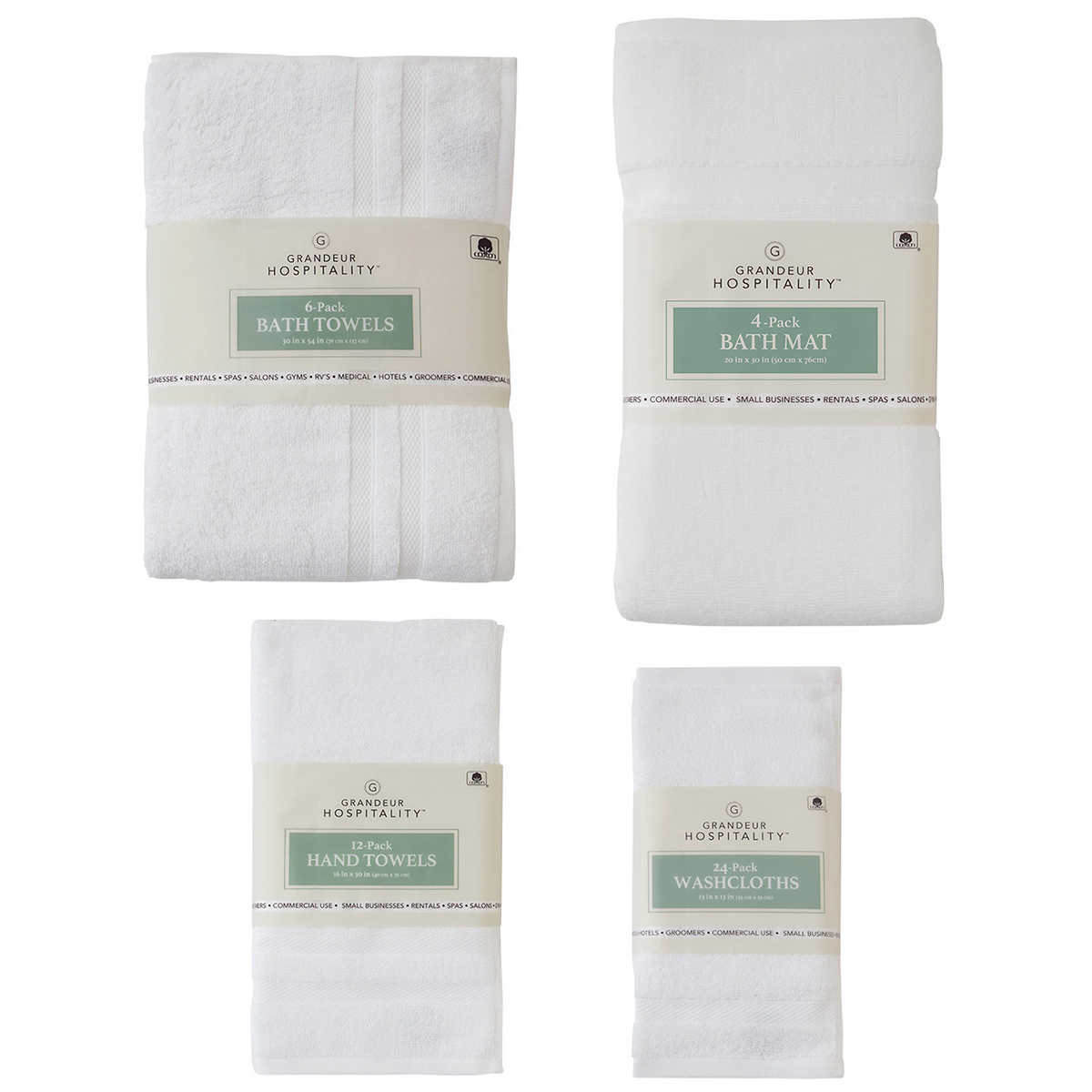 White 13'' X 13'' 100% Cotton Grandeur Hospitality Washcloth 24 Count NEW 