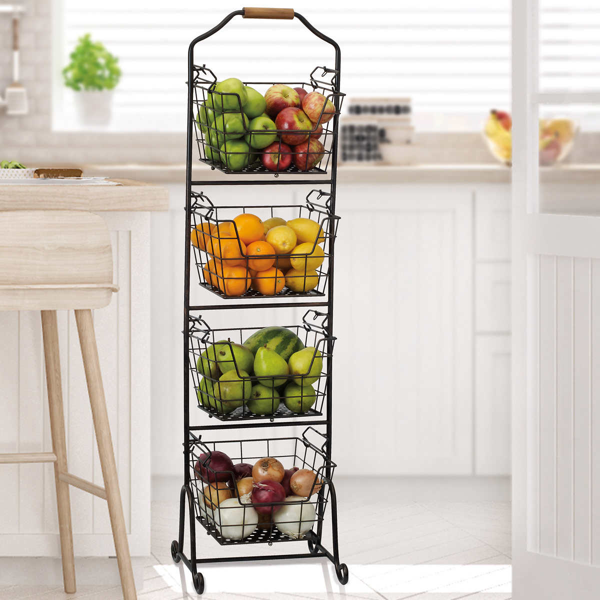 Three Tier Fruit Basket Produce Storage Bin Rack Metal Pantry Kitchen Two Decor 