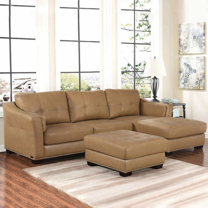 Chelsie Top Grain Leather Chaise, Cream Leather Sectional Sofa With Chaise