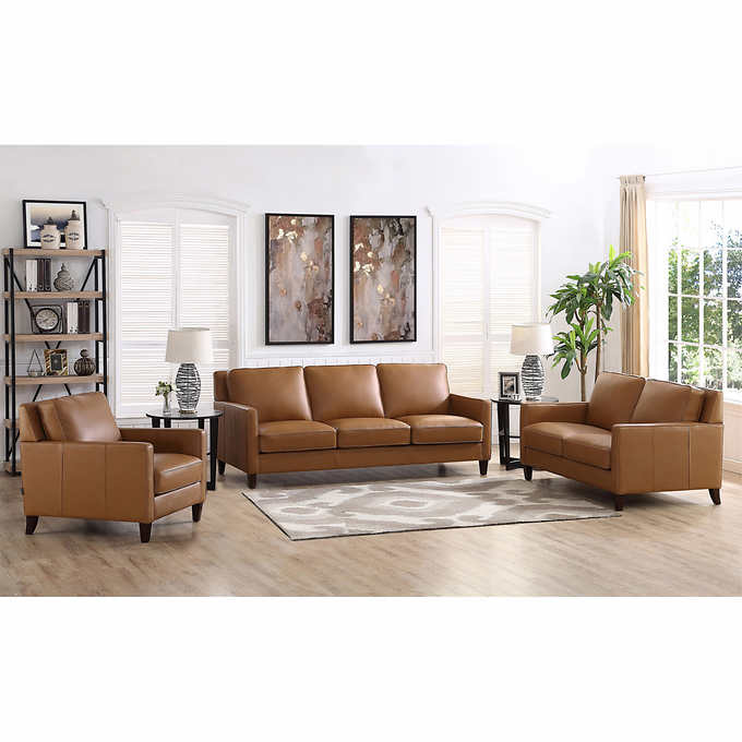 West Park 3 Piece Leather Set Costco, Leather And Wood Sofa Set
