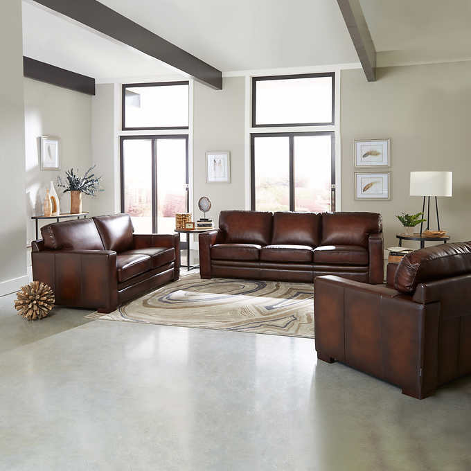 Luca 3 Piece Top Grain Leather Set Costco, Brown Leather Couch Costco