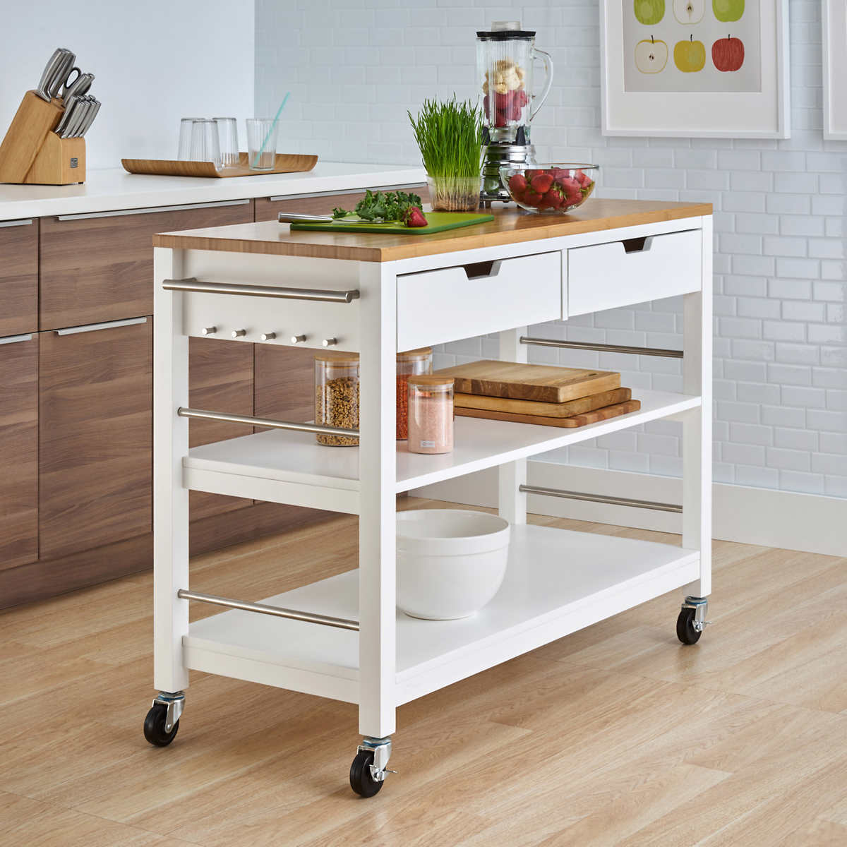 white kitchen cart with stainless steel top