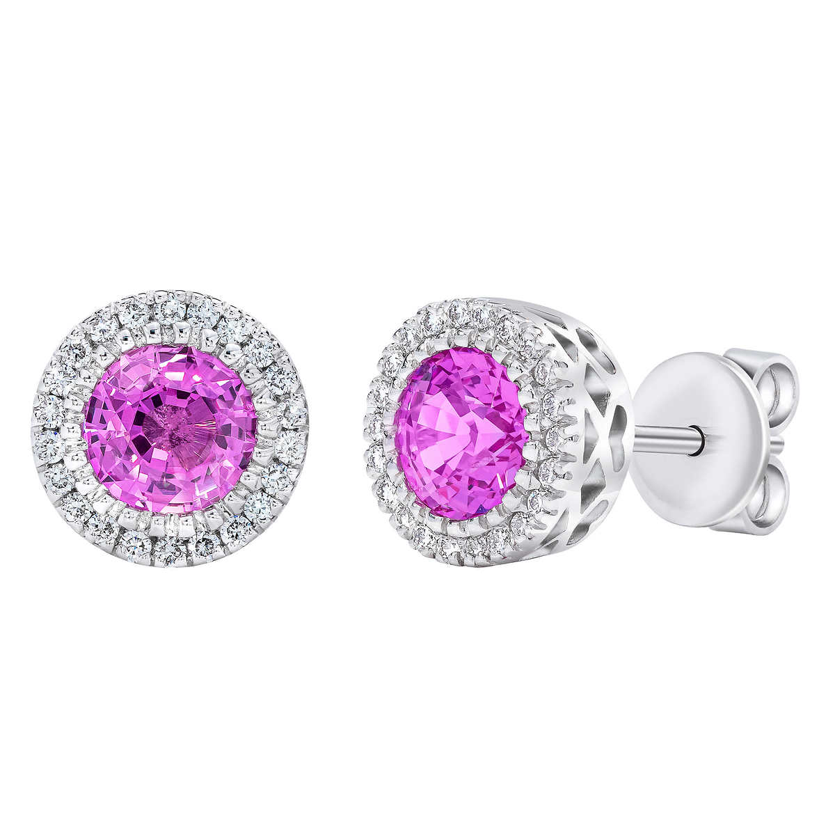 14Kt White Gold Pink Sapphire /& Diamond Round Stud Earrings
