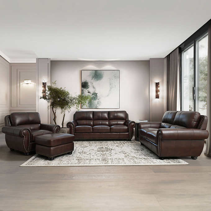 Austin 4 Piece Top Grain Leather Living, Brown Leather Living Room Sets
