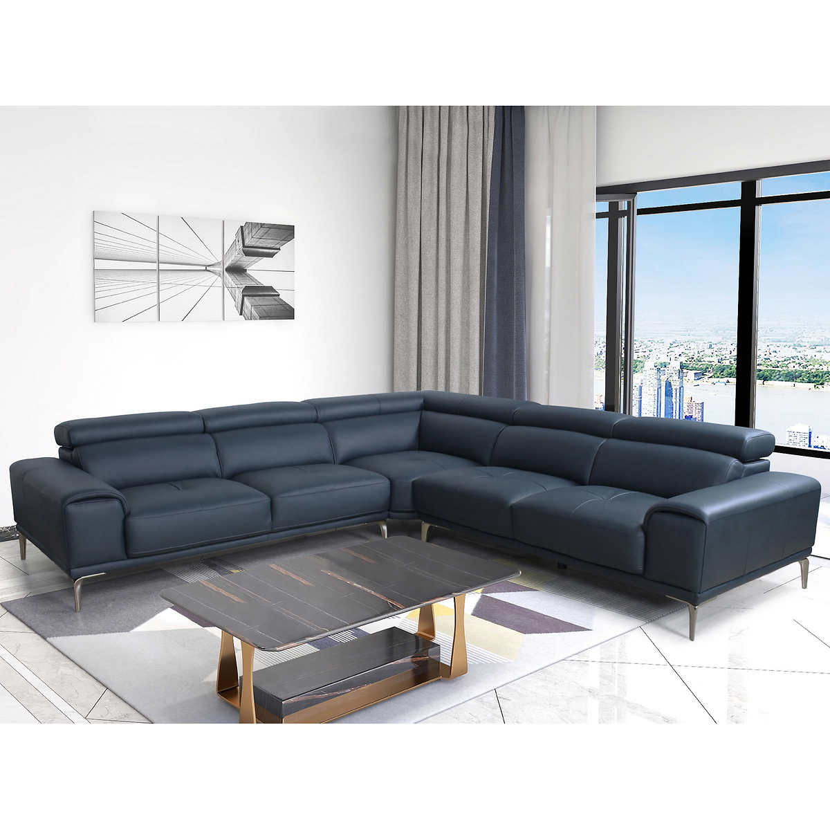 Quinton Top Grain Leather Sectional, Navy Blue Genuine Leather Sectional Sofa