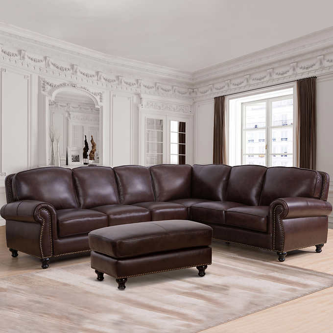 Mortara Leather Sectional And Ottoman, Nailhead Leather Couch
