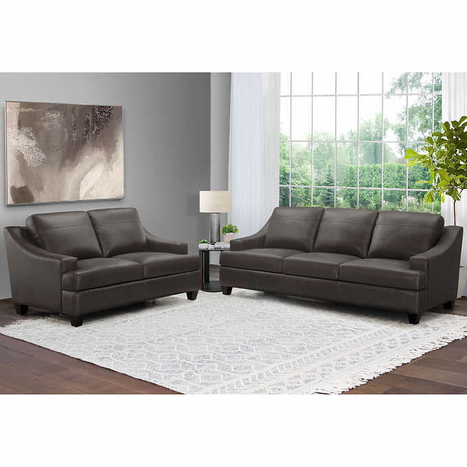 Merona 2 Piece Leather Sofa And, Grey Leather Sofa And Loveseat Set