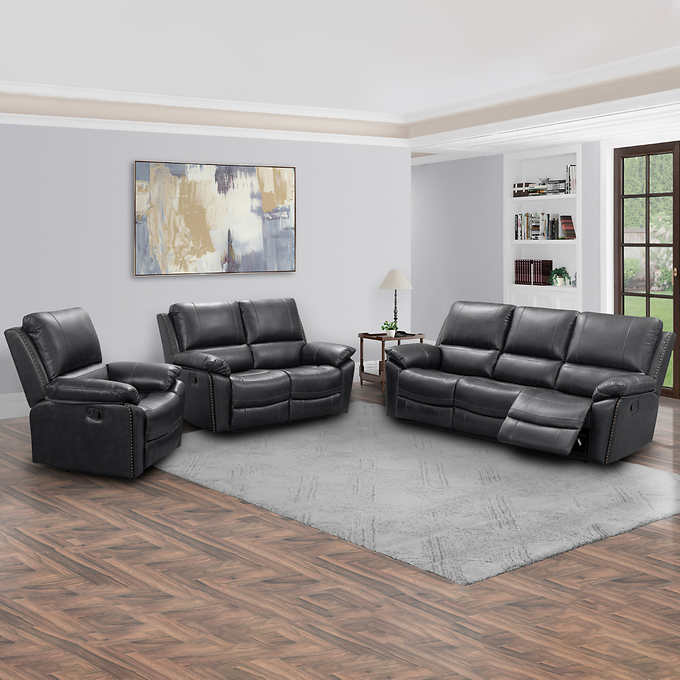 Soldano 3 Piece Leather Reclining Set, Gray Leather Reclining Sofa And Loveseat Set