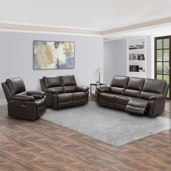 Soldano 3 Piece Leather Reclining Set, Dark Brown Leather Sofa Recliner Chairs
