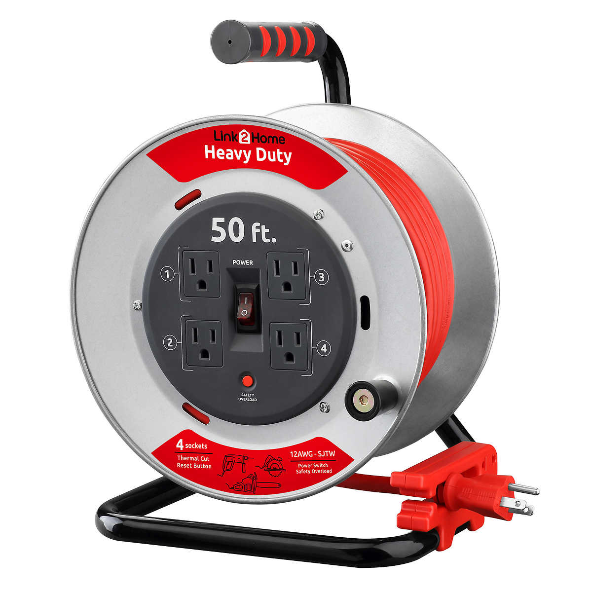 Link2Home Heavy Duty Professional Grade Metal Cord Reel – High Visibility  50 ft. 12 AWG SJTW Extension Cord with 4 Power Outlets