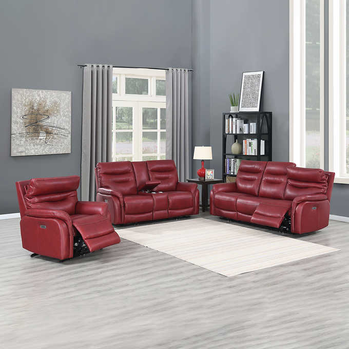 Ferrero 3 Piece Leather Set Sofa, Red Leather Sofa And Loveseat