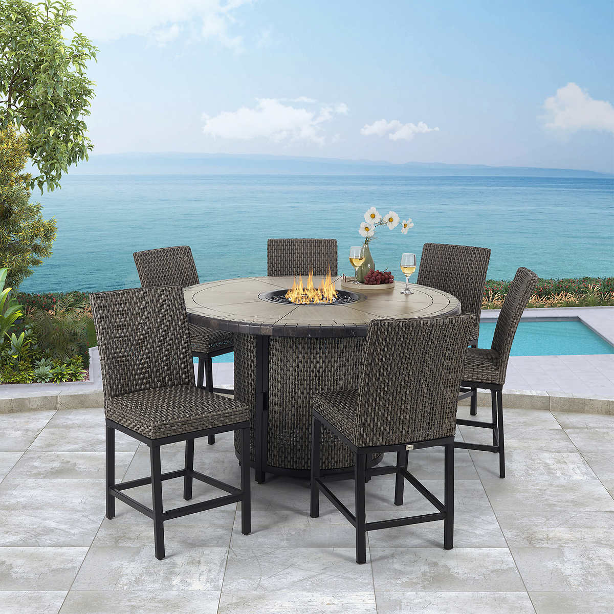 7 Piece Fire High Dining Set, High Table Fire Pit