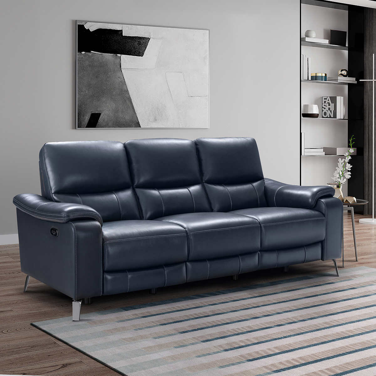 Indigo Bay Leather Power Reclining Sofa, Navy Blue Leather Reclining Living Room Set