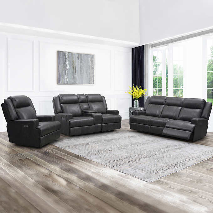 Grain Leather Power Reclining Set, Black Leather Power Reclining Sofa And Loveseat