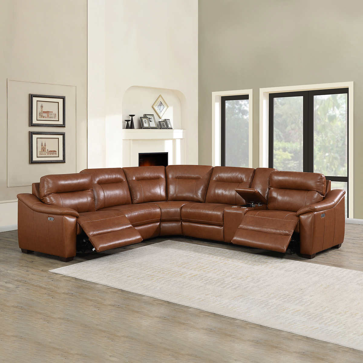 Sun 6 Piece Leather Power, Leather Sectional Brown