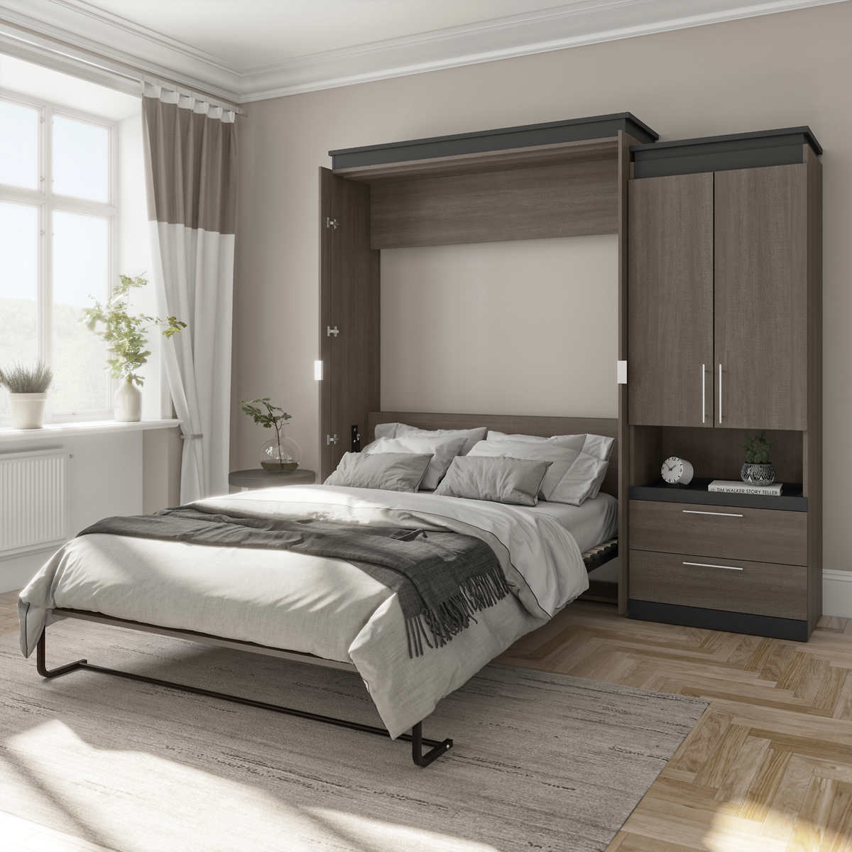 Orion Queen Wall Bed With Storage, Nightstand With Shelves Above