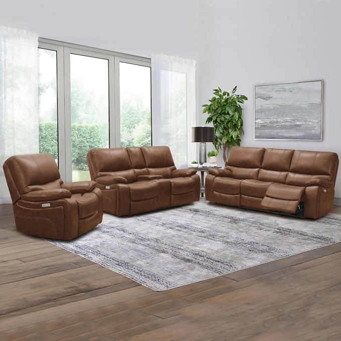 Braymor 3 Piece Top Grain Leather Power, Leather Sofa Loveseat And Recliner Set