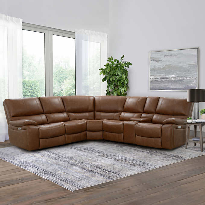 Braymor 3 Piece Top Grain Leather Power, Brown Leather Sectional Couch With Recliners