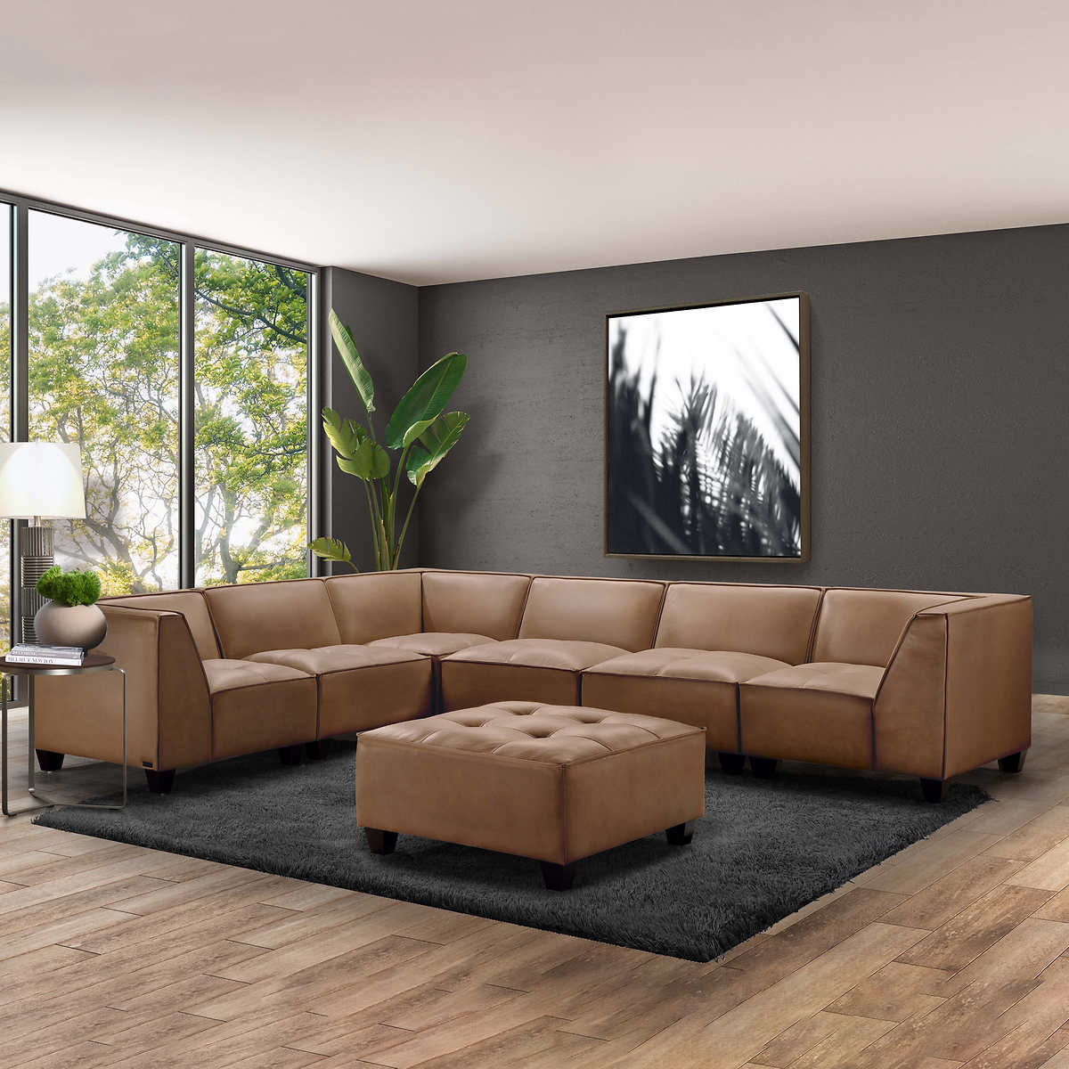 7 Piece Leather Modular Sectional, Camel Leather Sectional