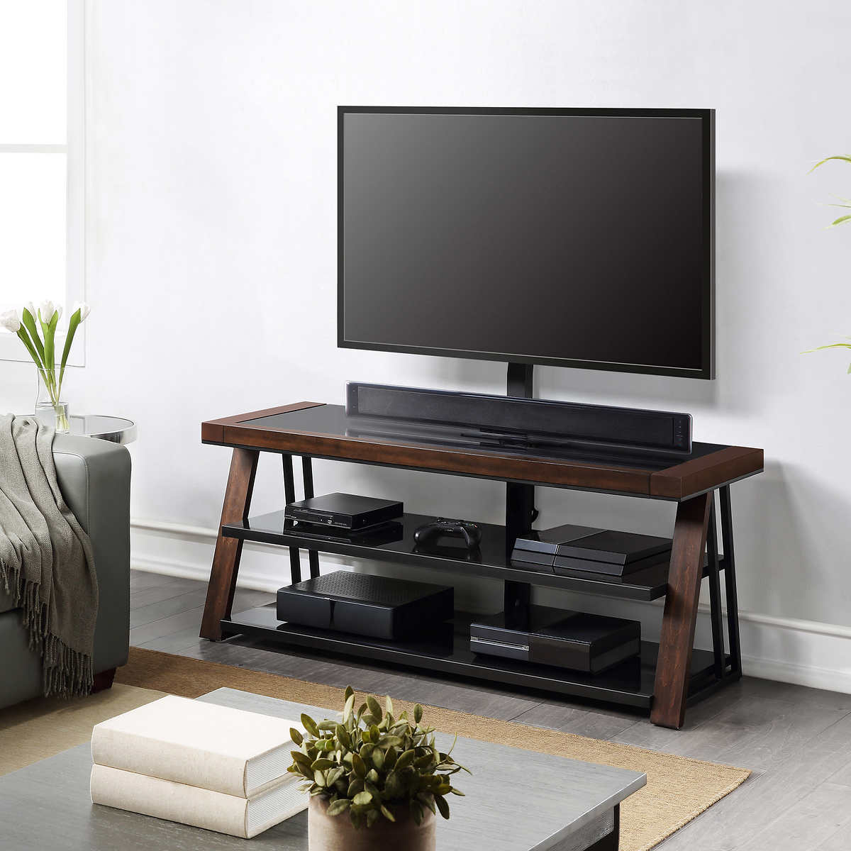 Flat Panel TV Stand Brown Cherry Wood Glass Shelves 65 inch Modern Sleek Black 