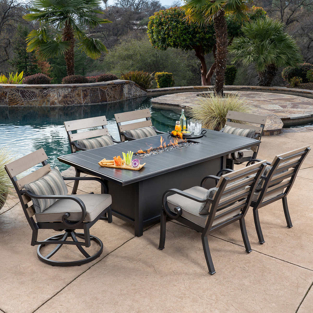Reserve 7 Piece Cushion Fire Dining Set, Fire Pit Table And Chairs Set Costco
