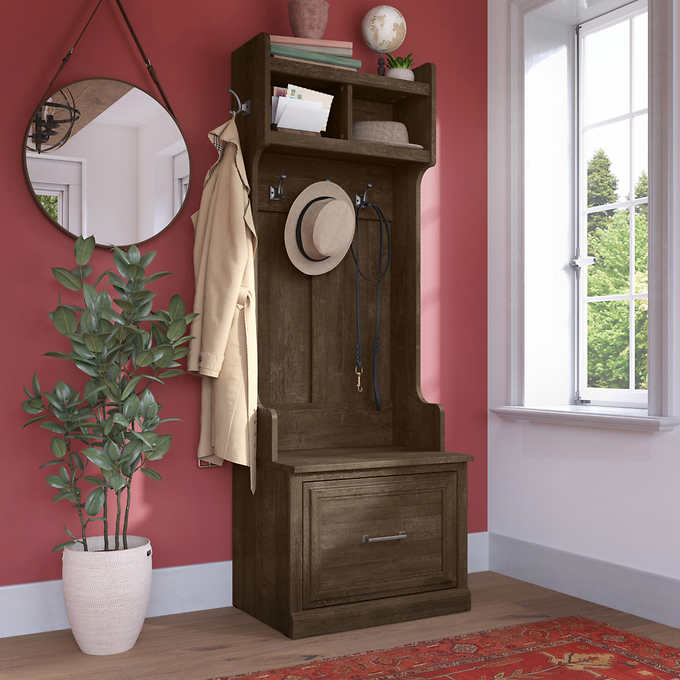 Woodland Storage Bench And Hall Tree 3, Espresso Entryway Mini Hall Tree With Mirror Coat Hooks And Storage Bench