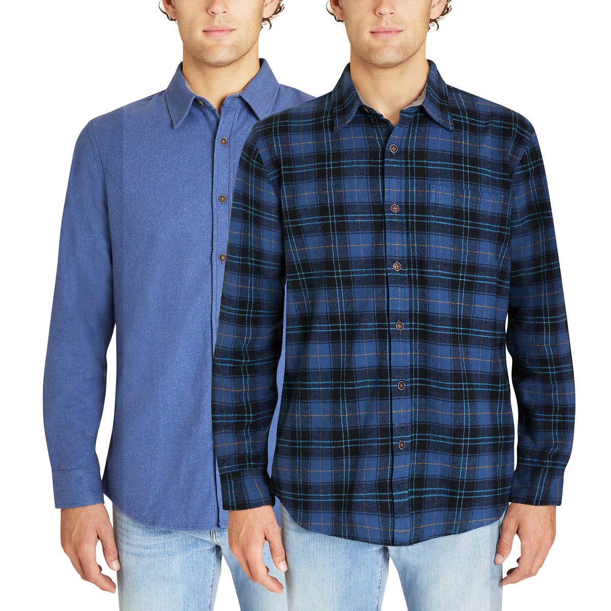 Men's Regular Check Shirt Navy Blue Plaid Premium Flannel Cotton Pocket Long Slv 