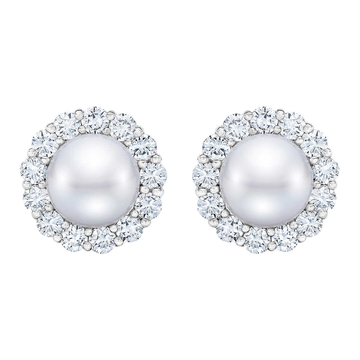 Handpicked AA Quality White Freshwater Cultured Pearls and Diamonds Earrings in 10K White Gold