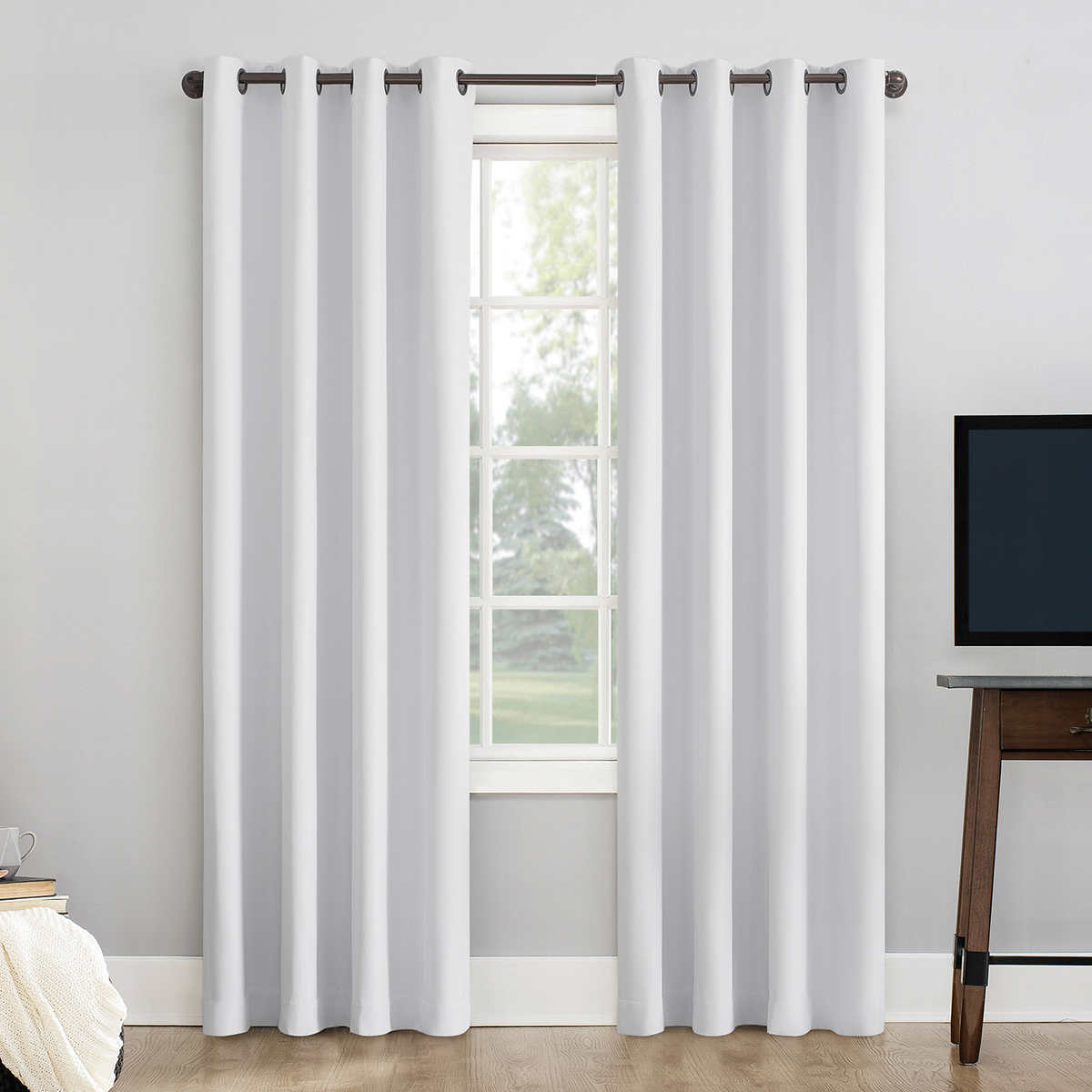 2 Pcs 100% Polyester Blockout Curtains Panel Rod Thermal Insulated Tiers 