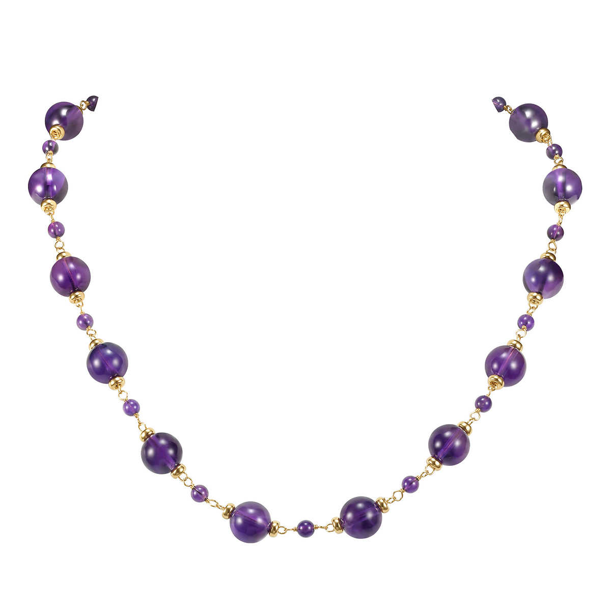 14K Yellow Gold Gemstone Necklace With Mother Of Pearl And Amethyst 18 Inches