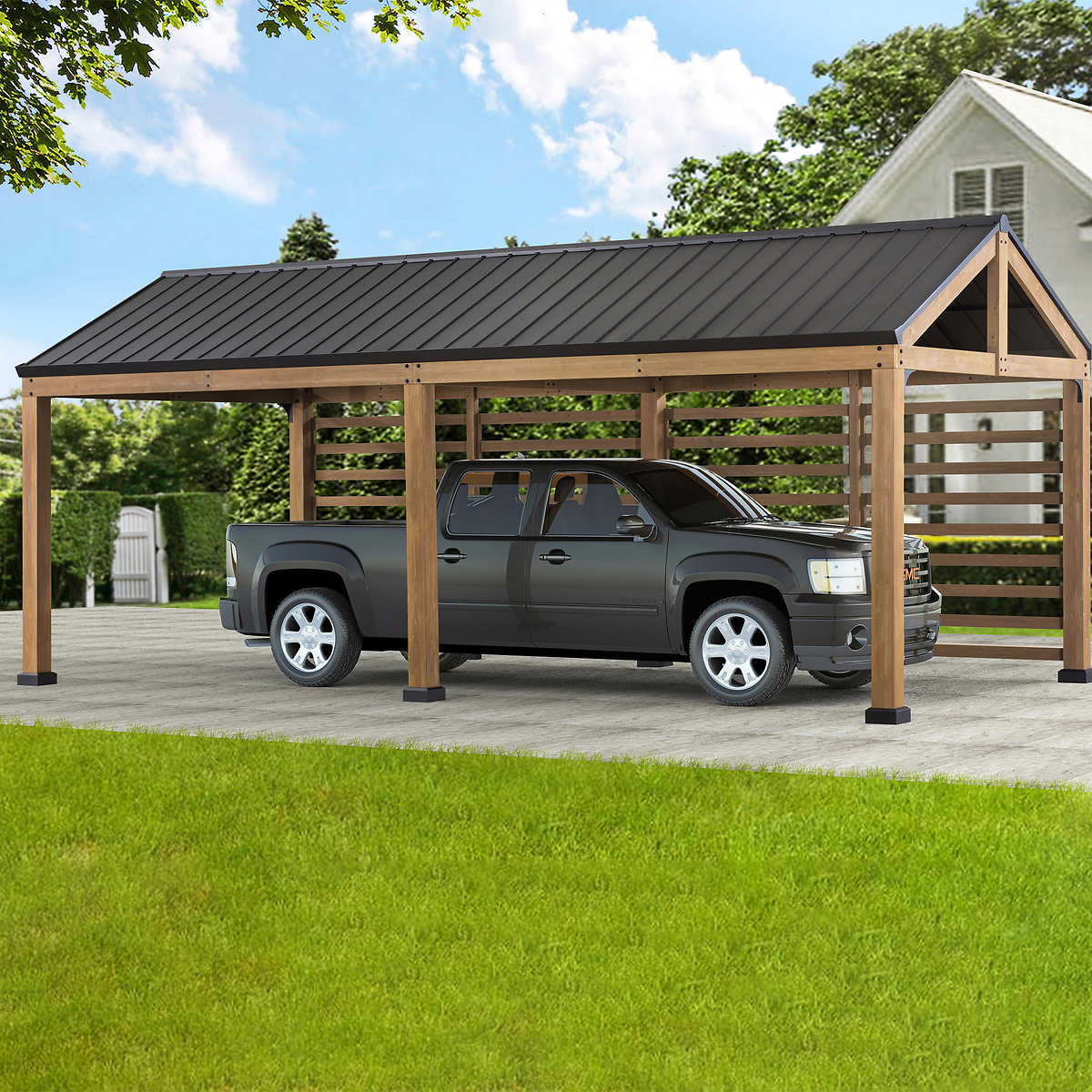 Newville FSC Wood Carport with Privacy Wall and Rain Gutter, 10 ft