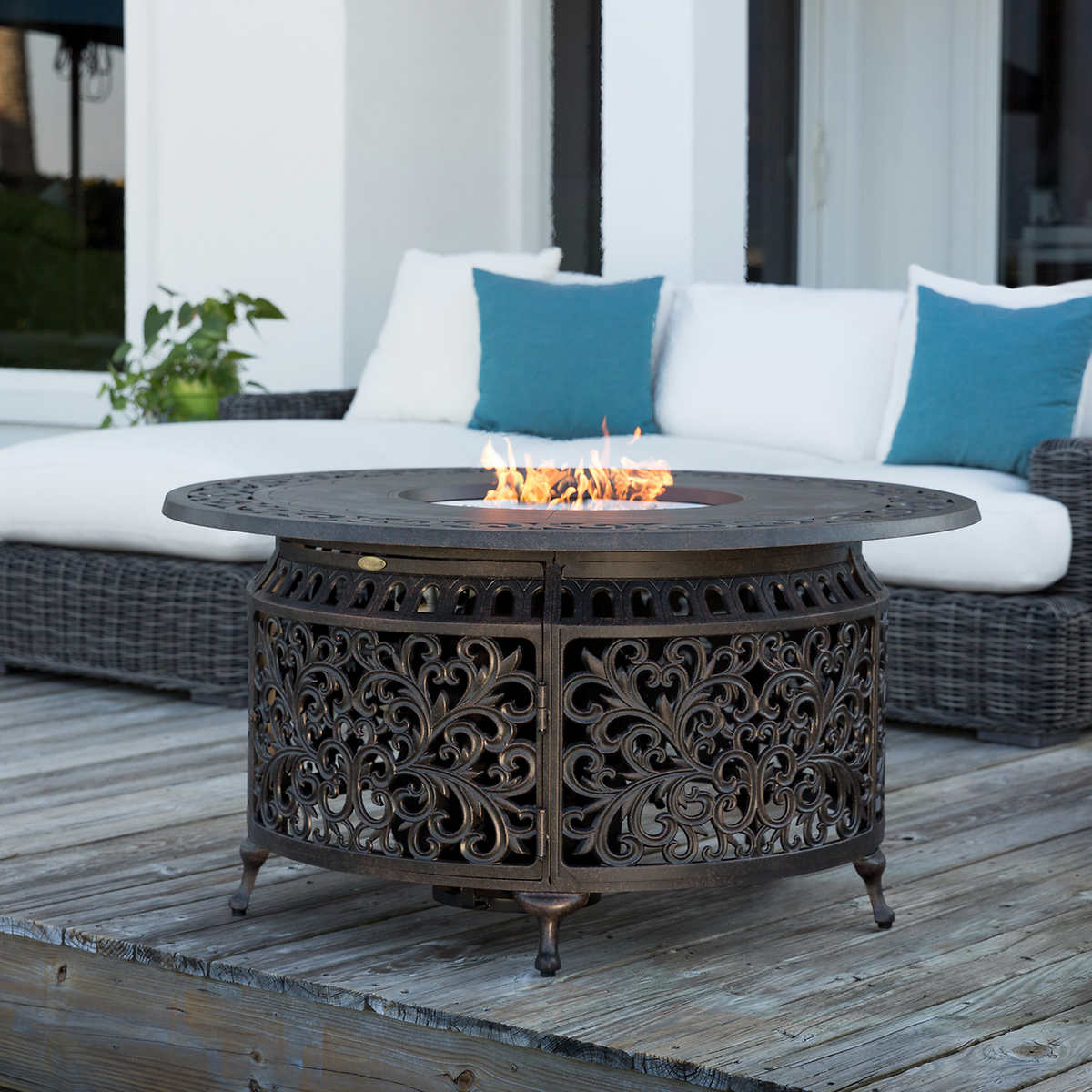Sedona Cast Aluminum Round Gas Fire, Fire Pit Grill Table Combo